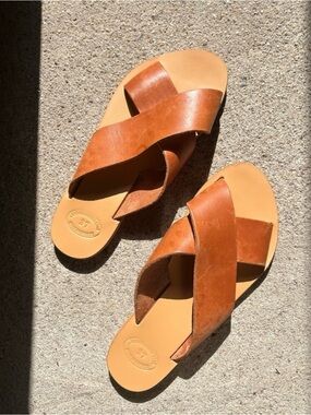 Hand made European Leather Crisscross Slide Sandals in Cognac, sz 37